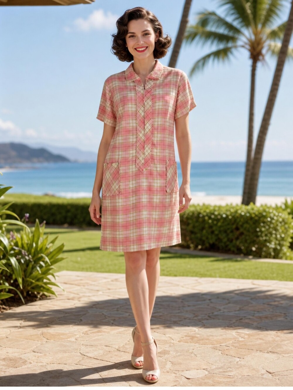 Vtg 60s Pink Plaid Day Dress Housecoat Mod Mcm Preppy Volup